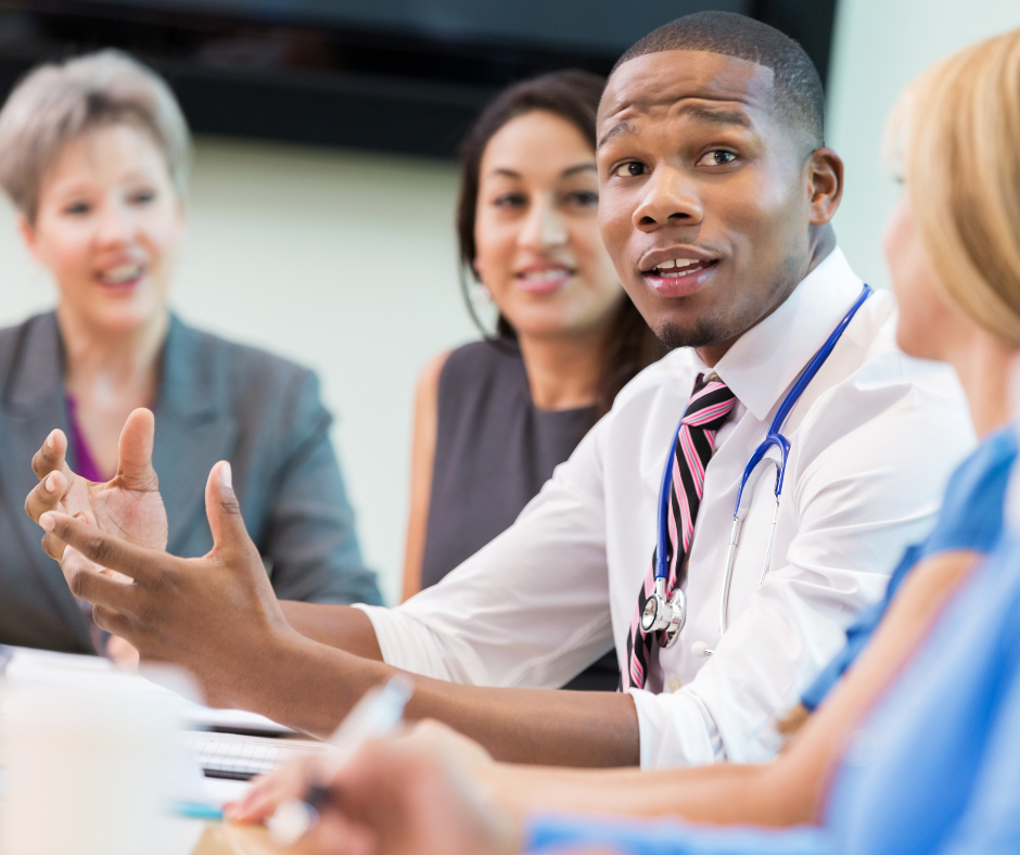 Medic professionals collaborating at a meeting